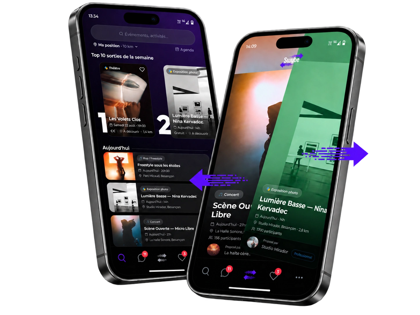 Deux iPhones affichent l'application Swybe : l'accueil avec le top 10 des sorties de la semaine, et le swipe sur la fiche d'une exposition à Besançon
