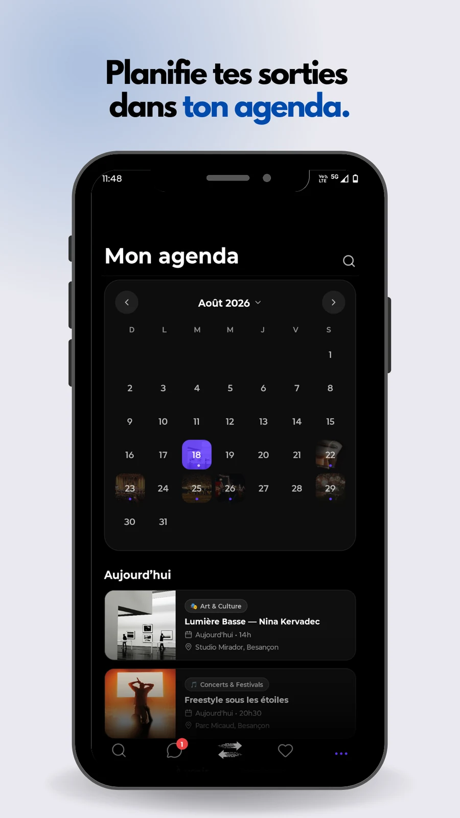 Planifie tes sorties dans ton agenda : un calendrier mensuel et les sorties du jour